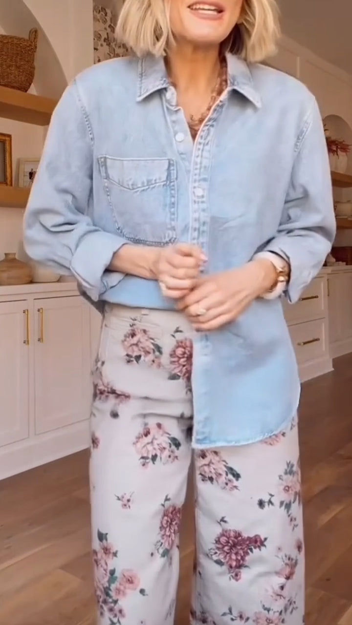 Women Collar Denim Top+ Printed Pants Casual Suit