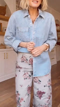 Women Collar Denim Top+ Printed Pants Casual Suit