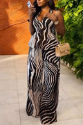 Women Neck Hanging Sleeveless Zebra Print Top+ Wide Leg Pants Casual Suit