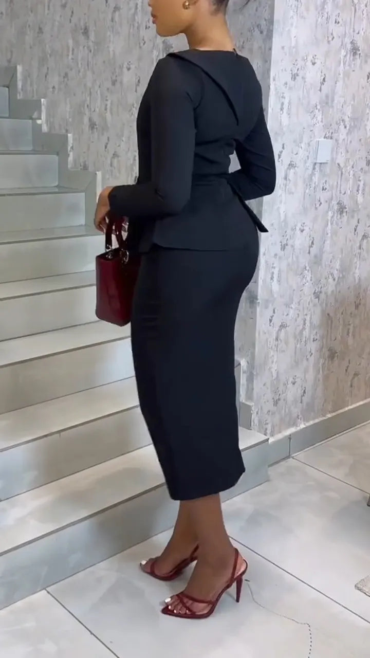 Women Round Neck Top + Breasted Split Half Skirt Temperament Commuting Suit