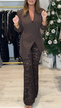 Women Irregular Jacket+ Printed Hollow Lace Pants Temperament Commuting Set