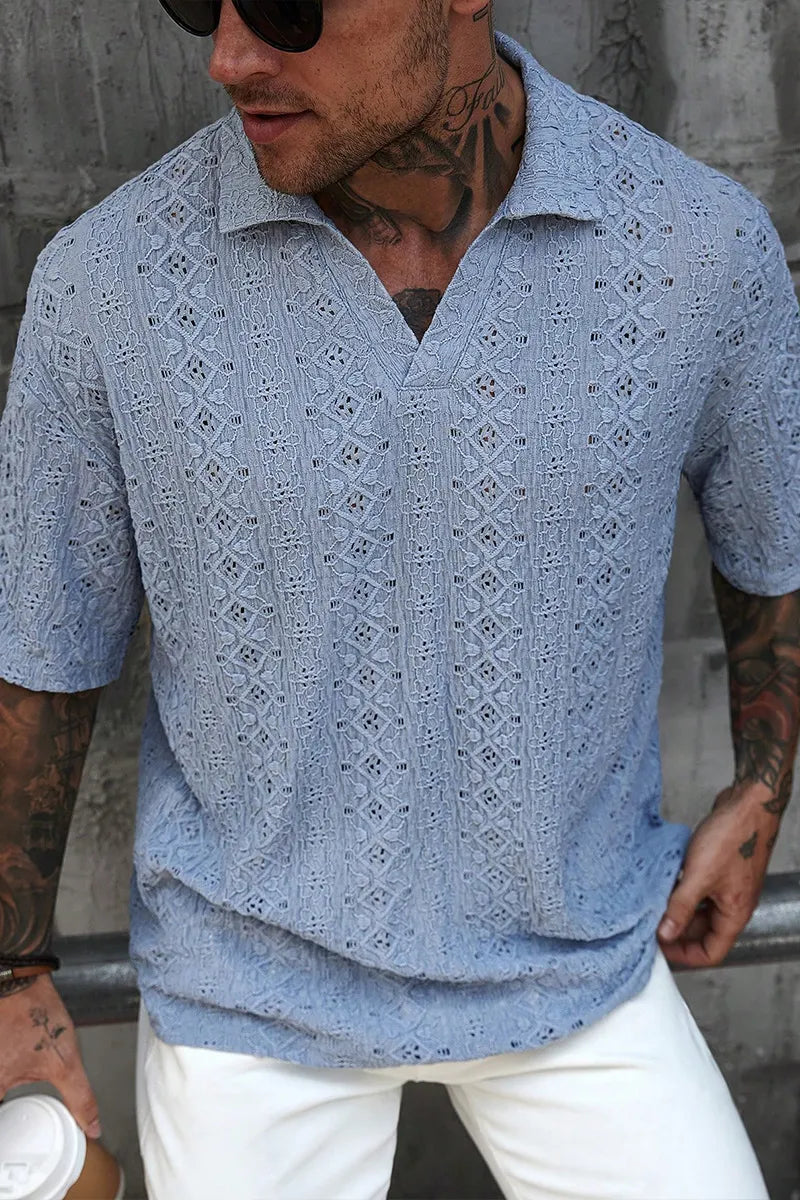 Men's Aqua Blue Summer Casual Vacation Knitted Mesh Texture Polo Shirt,Bohemian Crochet Jacquard V-Neck Short-Sleeve Loose Top For Beach Festivals