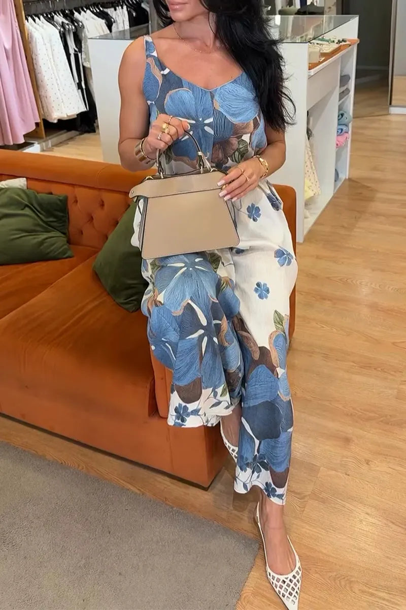 Women V-neck Camisole Printed Casual Jumpsuit
