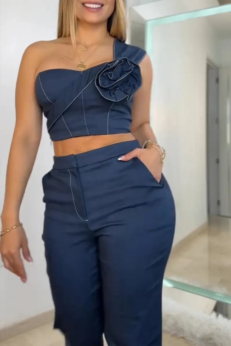 Women's Elegant One Shoulder 3D Floral Vest or Pants