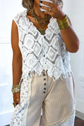 Women's Crochet Lace Sleeveless Top with Button Front Or Patchwork Floral Pants