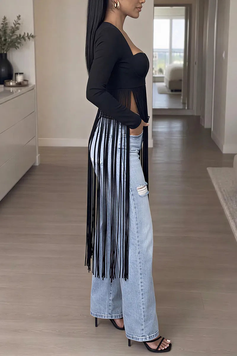 Women's Elegant Sweetheart Neck Long Sleeve Fringe Corset Black Top