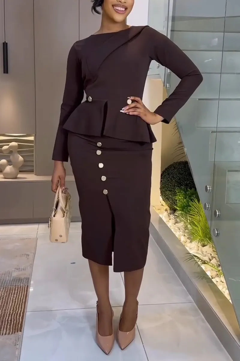 Women Round Neck Waist Cinched Top + Breasted Split Half Skirt Temperament Commuting Formal Suit