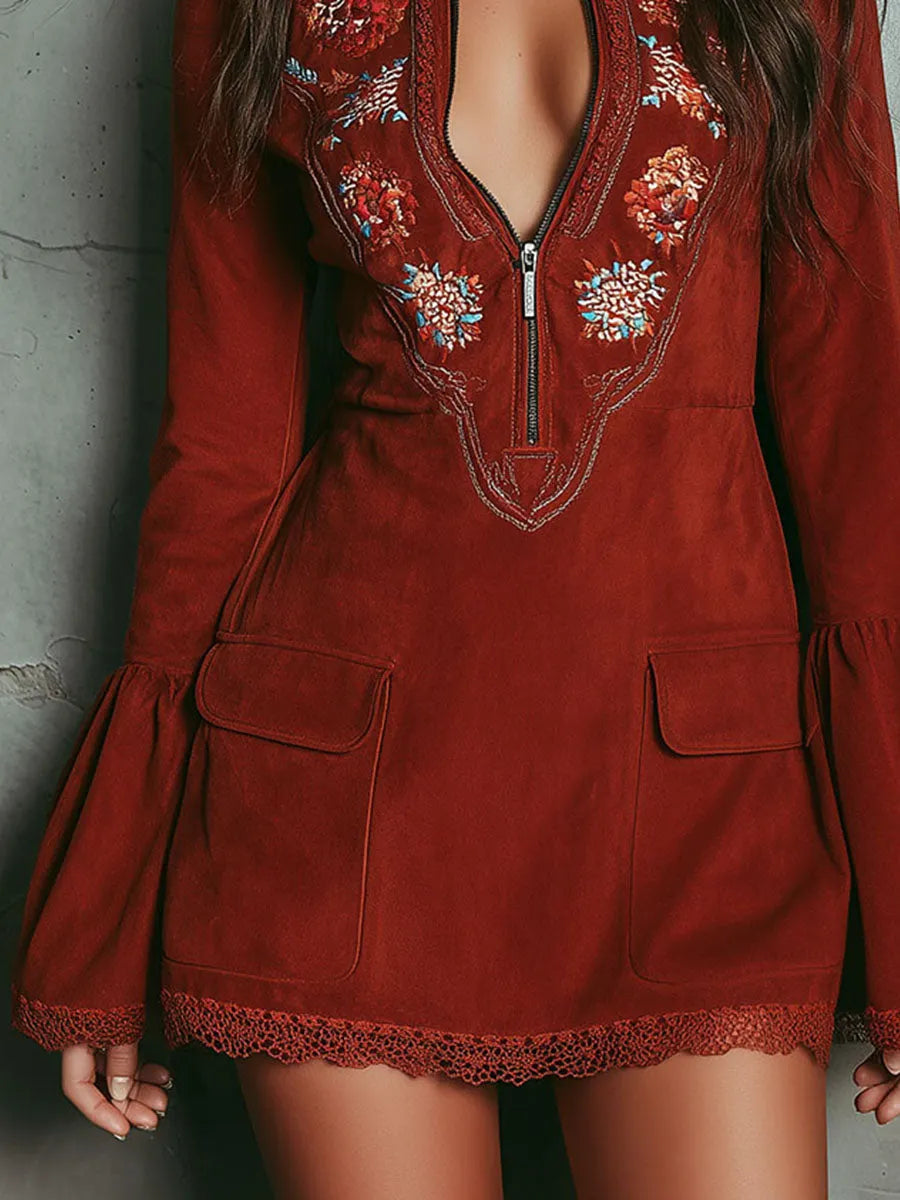 Retro Bell Sleeve Embroidered Rust Red Microsuede Lace Mini Dress