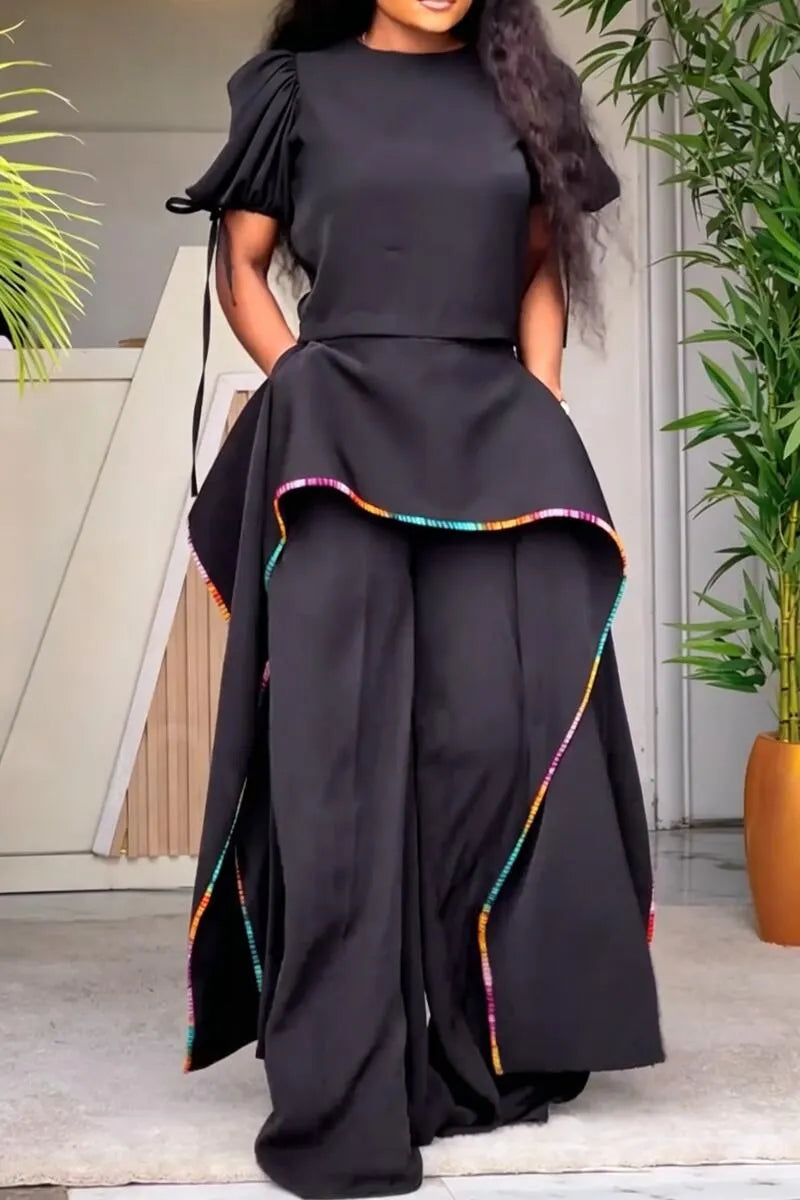 Women Round Neck Top + Patchwork Pants Casual Set with Temperament