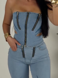 Women Strapless Patchwork Zipper Top + Pants Casual Denim Suit