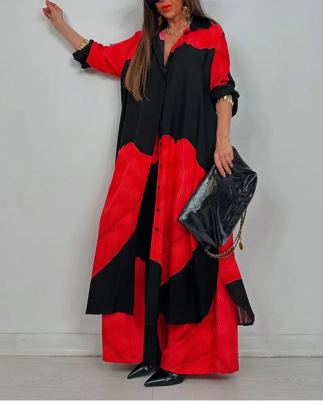 Women's V-neck Patchwork Printed Top and Pants Commuting Casual Suit