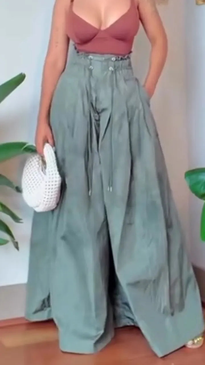 Women High Waisted Drawstring Casual Wide Leg Pants