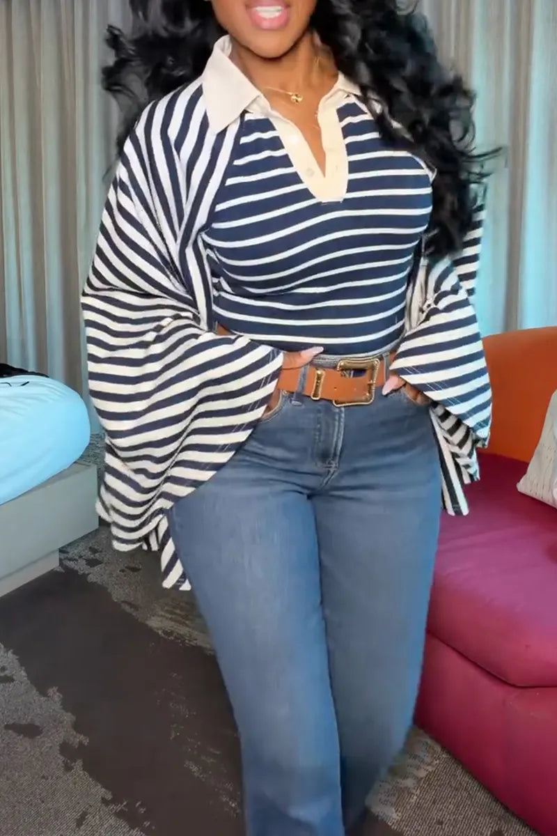 Women's Casual Batwing Sleeve Stripe Patchwork Top