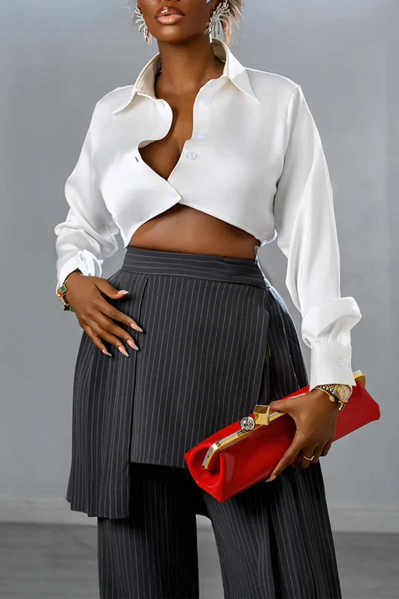 Women's Fashion Cropped Blouse Stripe Layered Pants Set