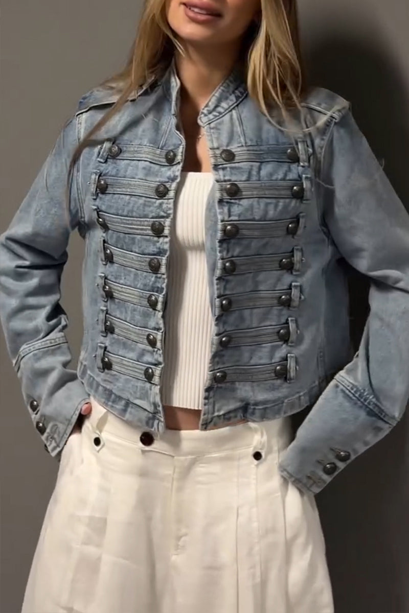 Women's Casual Knot Button Decoration Cropped Denim Jacket