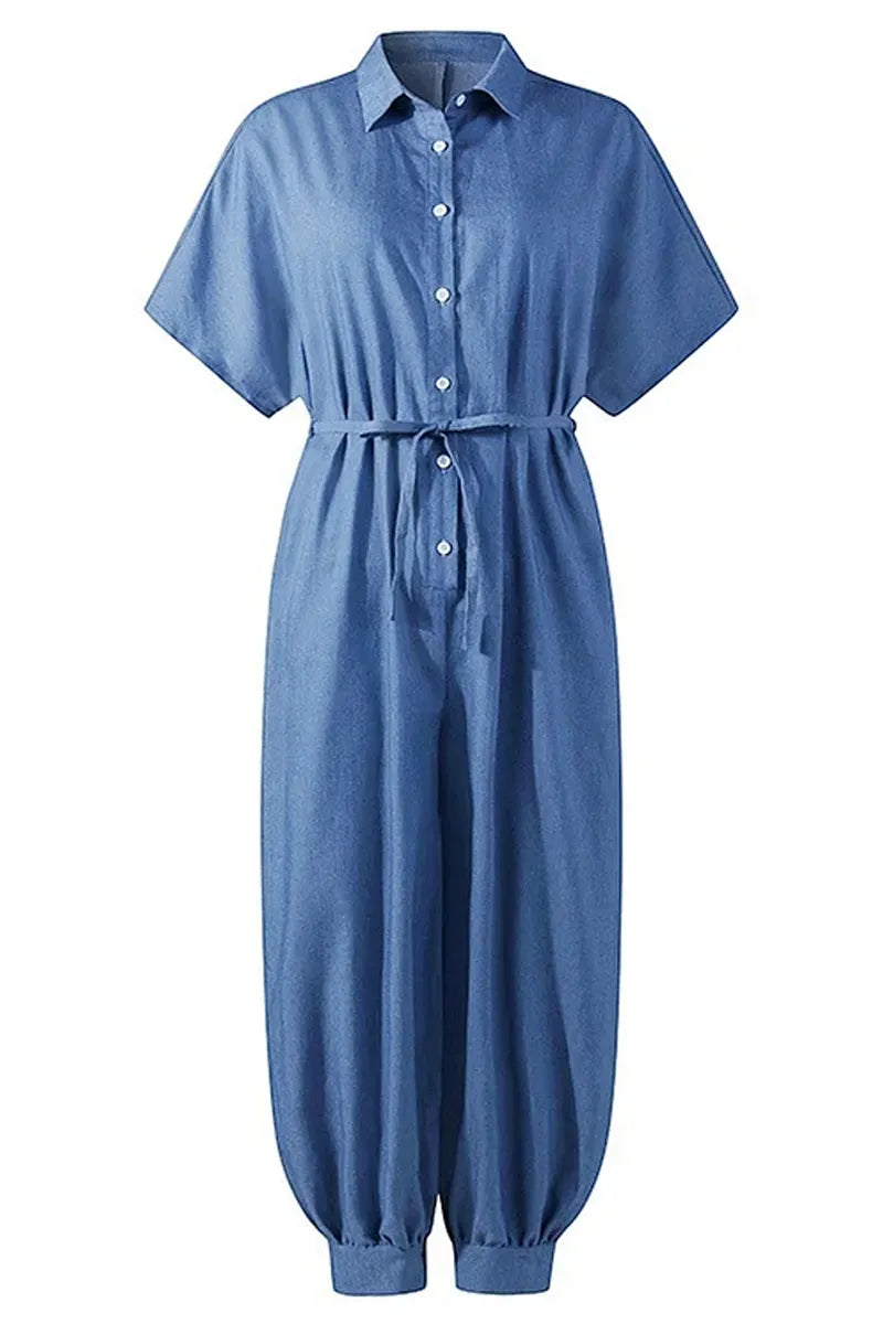 Hot Selling Women's Casual Solid Color Short Sleeved Denim Jumpsuit