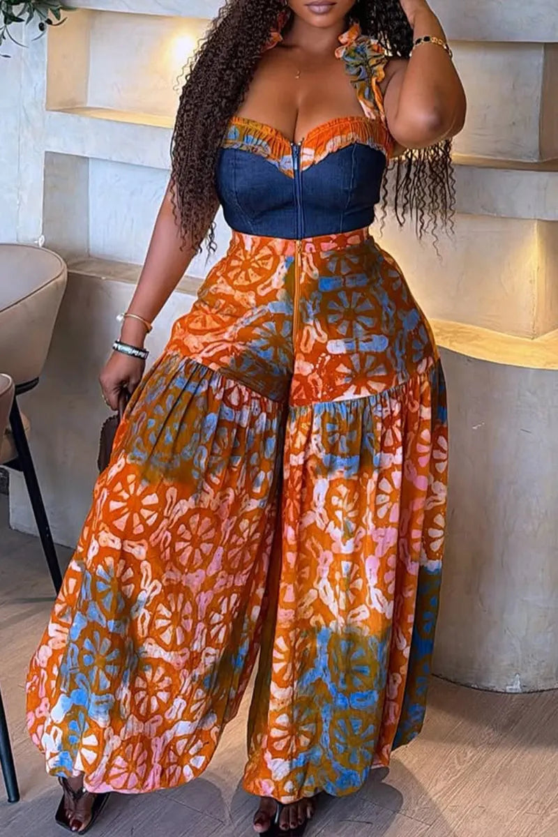 Women Hanging Neck Spliced Denim Print Casual Wide Leg Jumpsuit