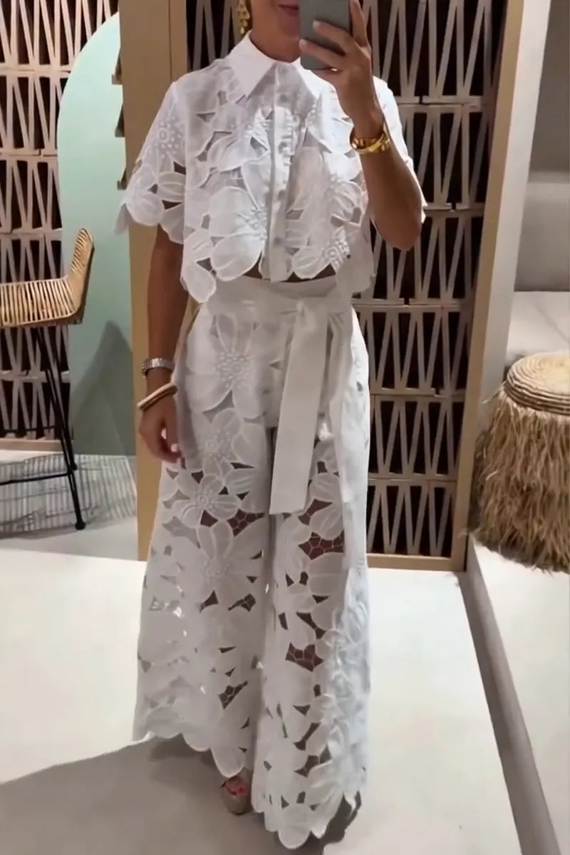 Women Casual Lapel Patterned Hollow Top or Wide Leg Pants