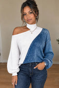 Women's Chic Asymmetric Cold Shoulder Color Block Waffle Knit White Sweater