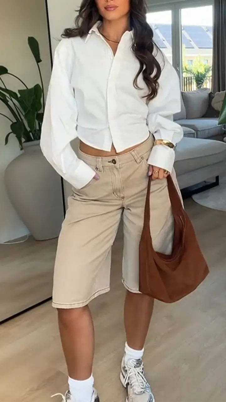 Ladies Collar Shirt+ Cropped Pants Casual Set