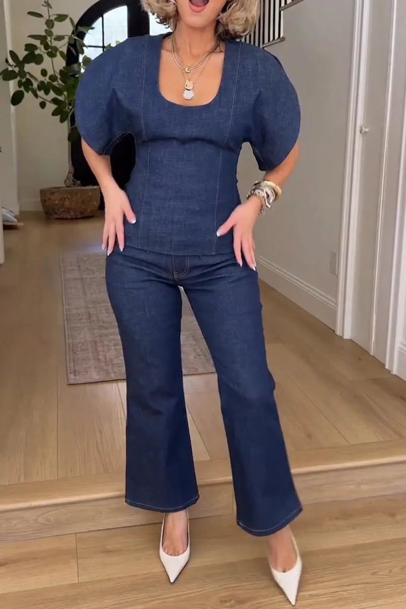 Women's Casual Curved Sleeve Denim Top or Ankle Jeans