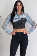 Women's Chic Color Block Cutout Lattice Sleeve Light Blue Denim Jacket