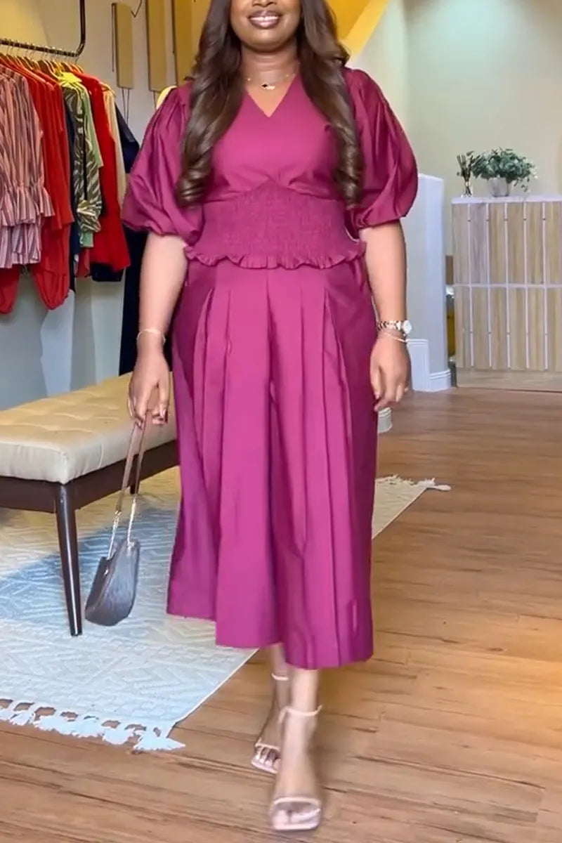 Women V-neck Patchwork Top+ Wide Leg Pants Elegant Casual Set