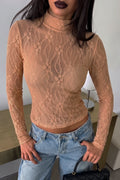 Women's Sexy Sheer Floral Lace Top Mock Neck Long Sleeve Slim Fit Layering Undershirt Clubwear Blouse