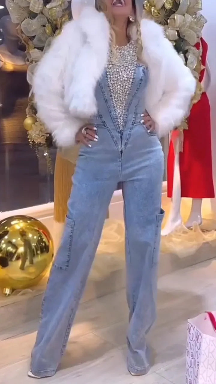 Women Round Neck Rhinestone Spliced Casual Denim Jumpsuit