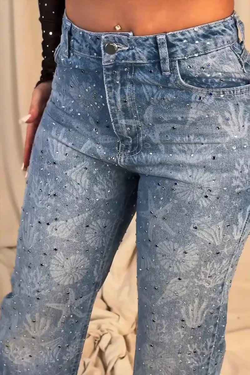 Women's Fashion Rhinestone Sheer Top & Pattern Jeans