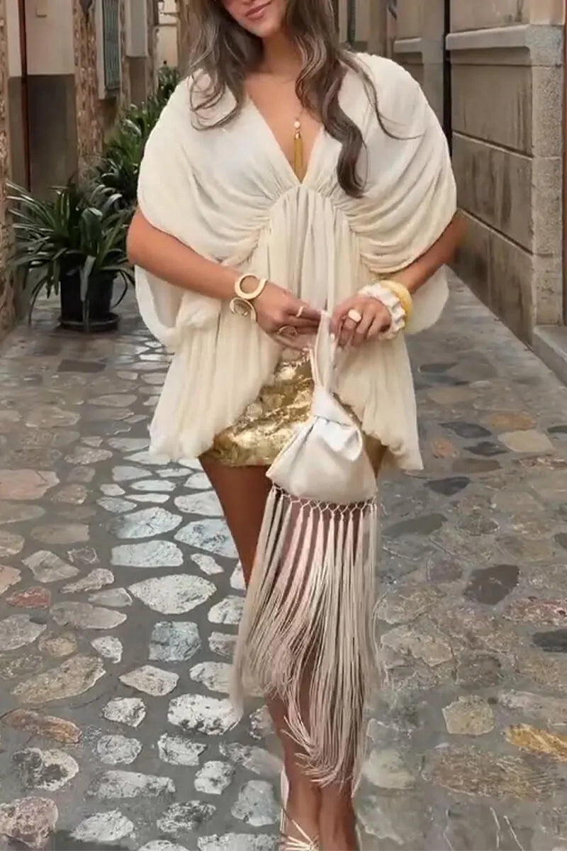 Women V-neck Elegant Temperament Irregular Top or Shiny Half Skirt