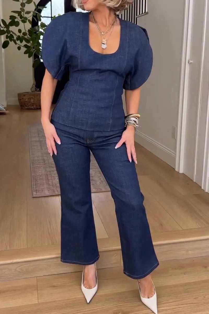 Women's Casual Curved Sleeve Denim Top or Ankle Jeans