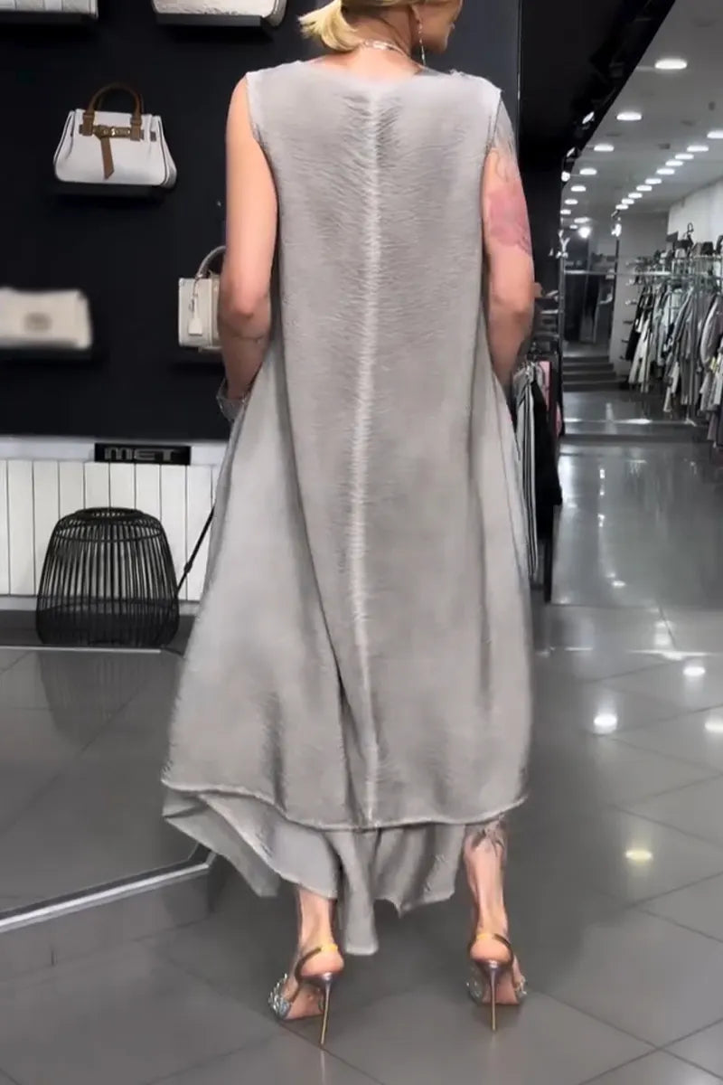 Women Round Neck Irregular Long Top+ Wide Leg Pants Loose Casual Suit