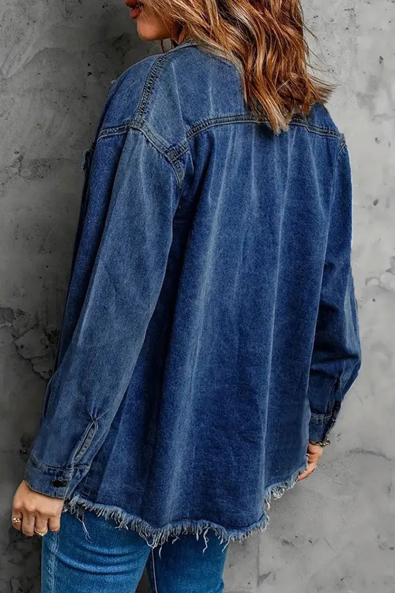 Women' s Distressed Denim Coat With Frayed Hem Detail