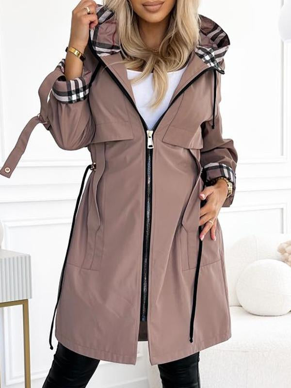 Women's Hooded Zipper Drawstring Plaid Print Casual Long Coat-XS-3XL