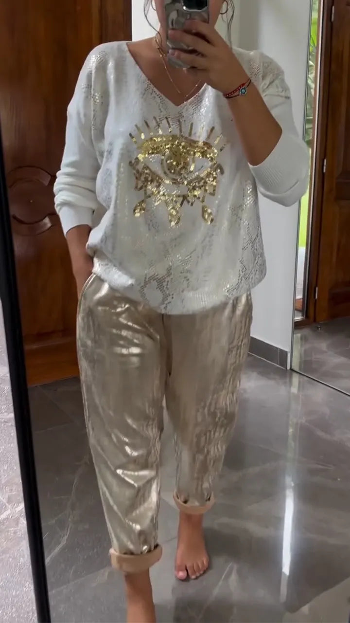 Ladies' V-neck Hot Stamping Printed Top + Pants Casual Set