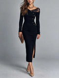 Women's Black Ribbed Knit Bodycon Side Slit Midi Dress With Lace Shoulder Panel