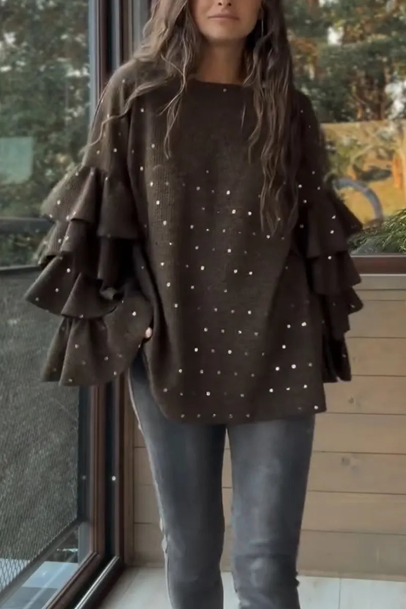 Women's Round Neck Rhinestone Spliced Multi-layer Sleeve Casual Knitted Top