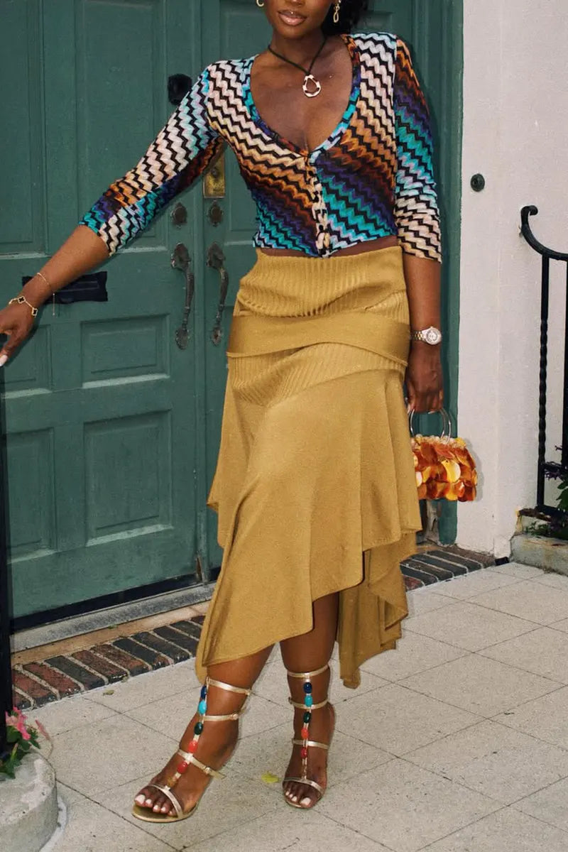 Women Elegant and Casual Deep V-neck Printed Top or Irregular Patchwork Skirt
