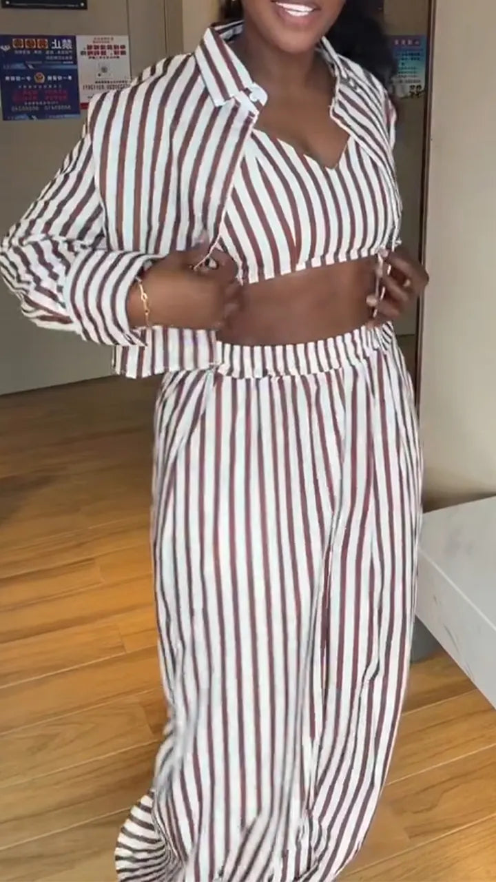 Women Collar Vertical Stripe Casual Three Piece Set