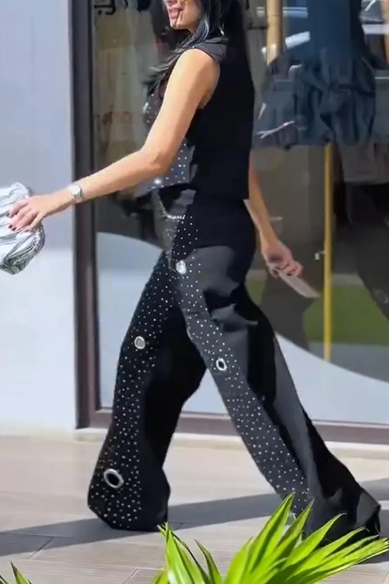 Women Casual Rhinestone Cutout Denim Vest or Wide-leg Jeans