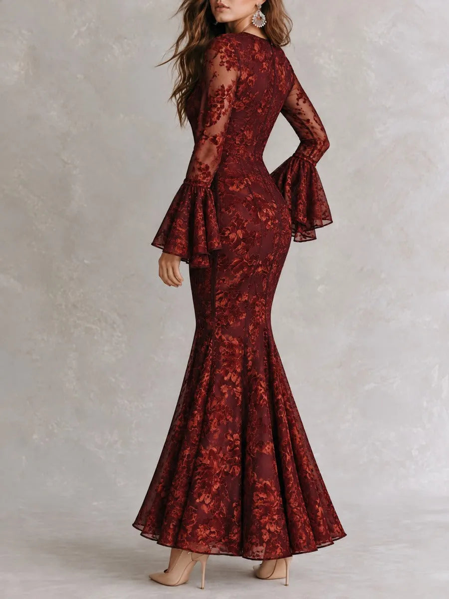 Elegant Burgundy Floral Lace Mermaid Maxi Dress With Sheer Bell Sleeves