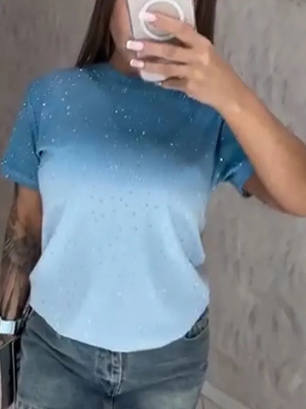 Women Round Neck Rhinestone Gradient Casual Top