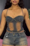 Women Sexy Casual Camisole Studded Denim Top or Washed Denim Shorts