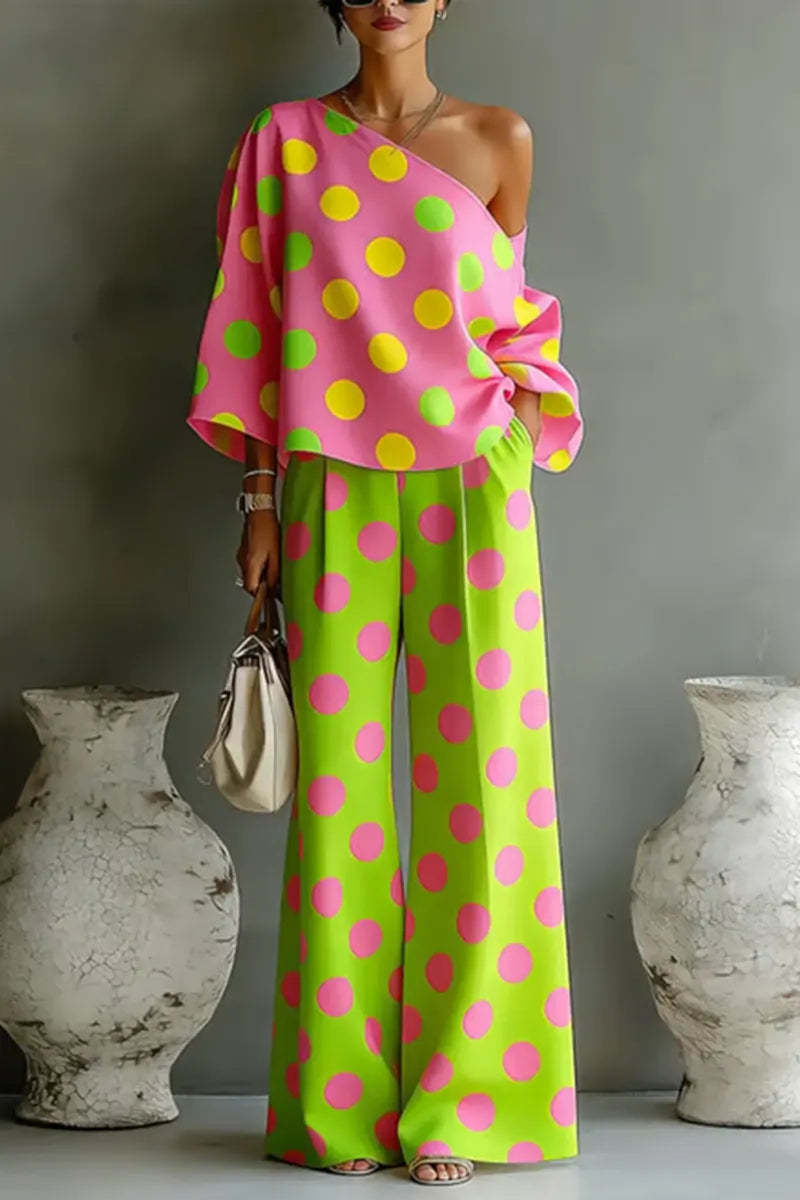 Women Colorful Polka Dot Off Shoulder Top+ Wide Leg Pants Two-piece Set