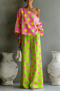 Women Colorful Polka Dot Off Shoulder Top+ Wide Leg Pants Two-piece Set