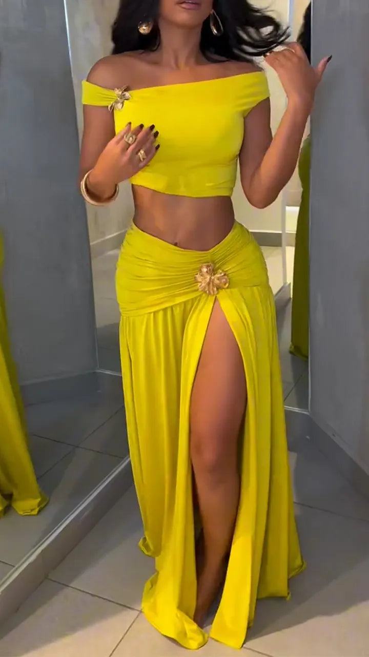Women One-length Top + Spliced Slit Skirt Casual Vacation Travel Style Suit