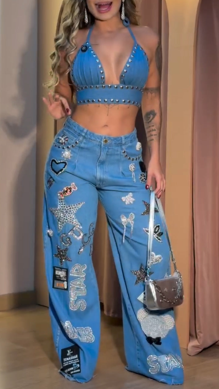 Women Neck Hanging Nail Bead Top+ Printed Spicy Girl Casual Denim Suit