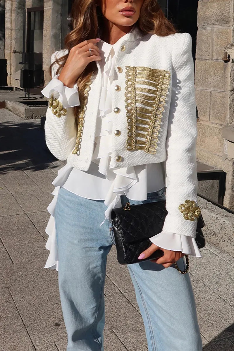 Women's Fashion Elegant Metallic Woven Decoration Button Short Jacket