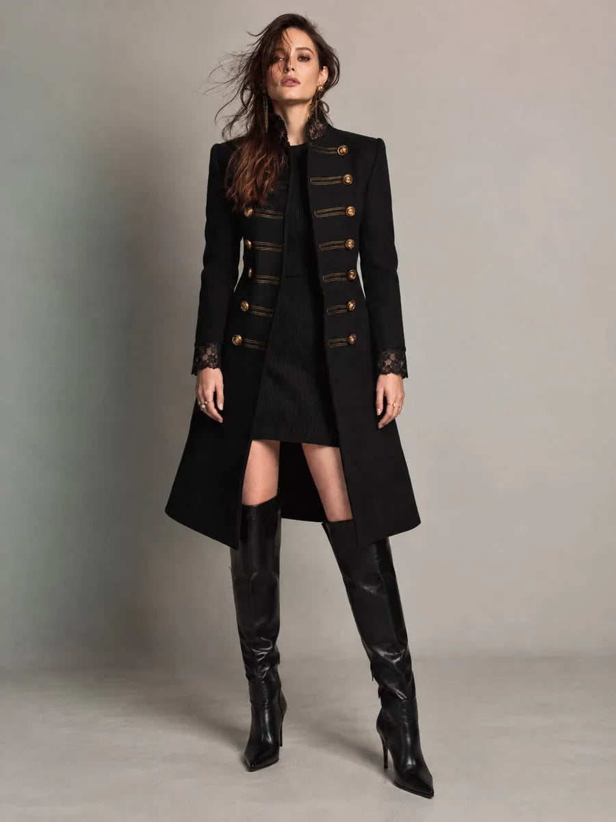 Black Military Lace-Trim Mid-length Wool Coat with Gold Buttons